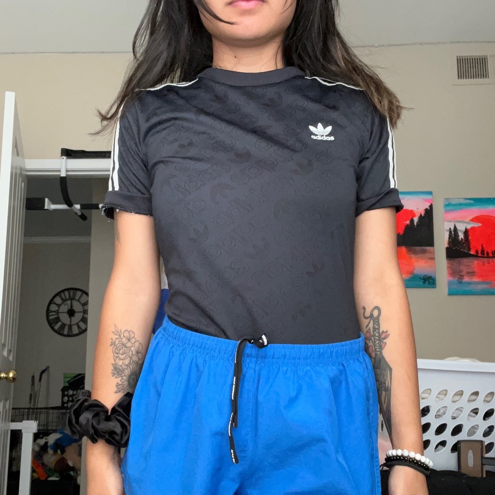 Black n white adidas body suit shirt